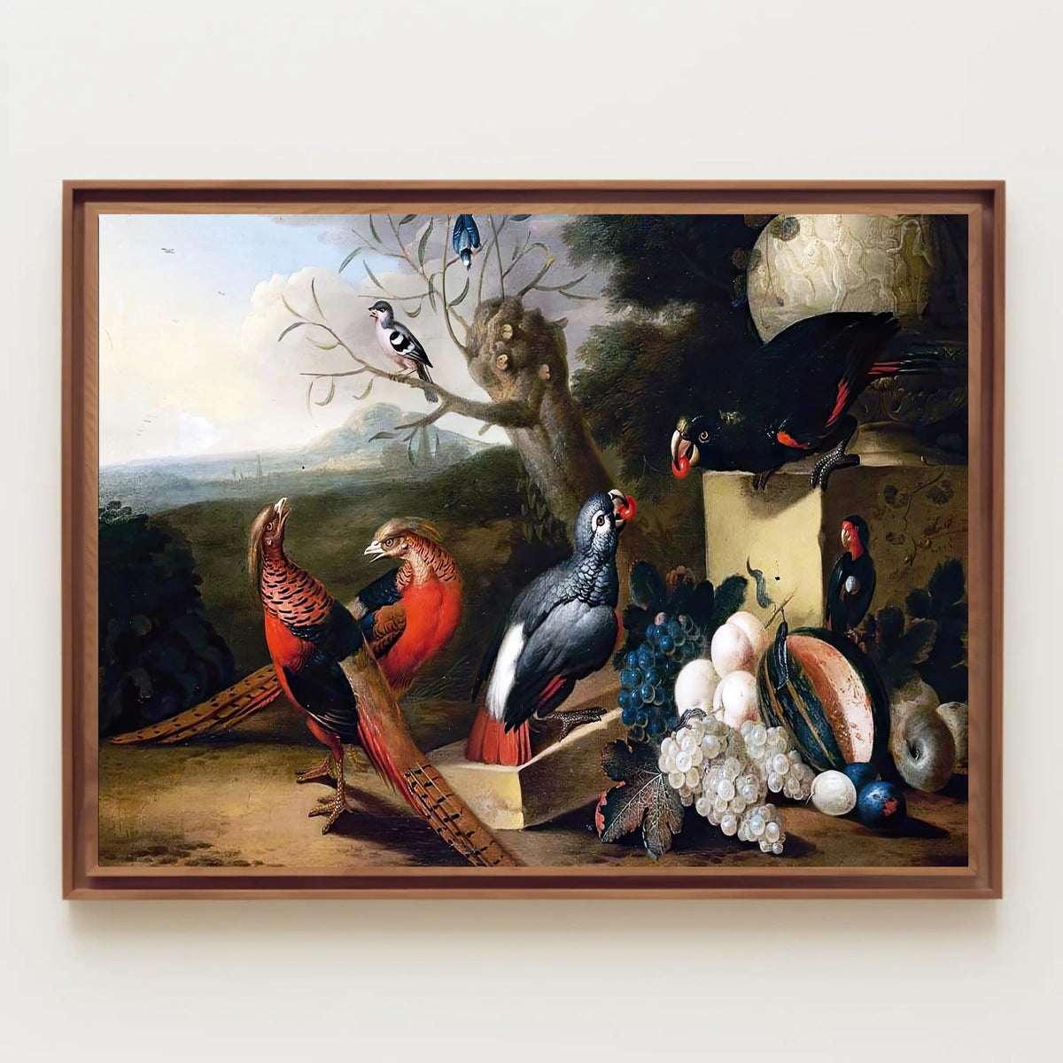Vibrant Birds and Fruits Artistic Still Life Poster