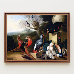 Vibrant Birds and Fruits Artistic Still Life Poster