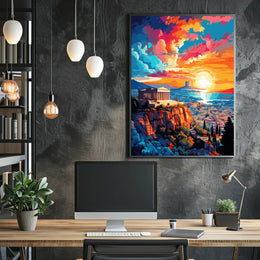 Vibrant Sunset Over City with Ancient Temple Heritage Poster