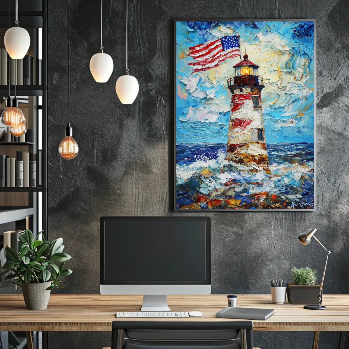 Lighthouse By The Ocean With American Flags Poster