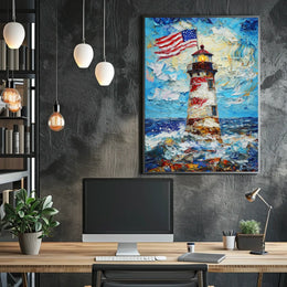 Lighthouse By The Ocean With American Flags Poster