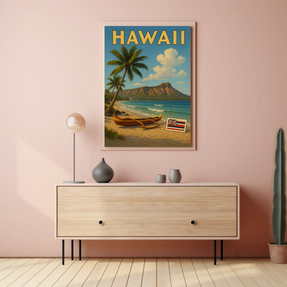 Hawaii Canoe Flag Diamond Head Ocean View Travel Poster