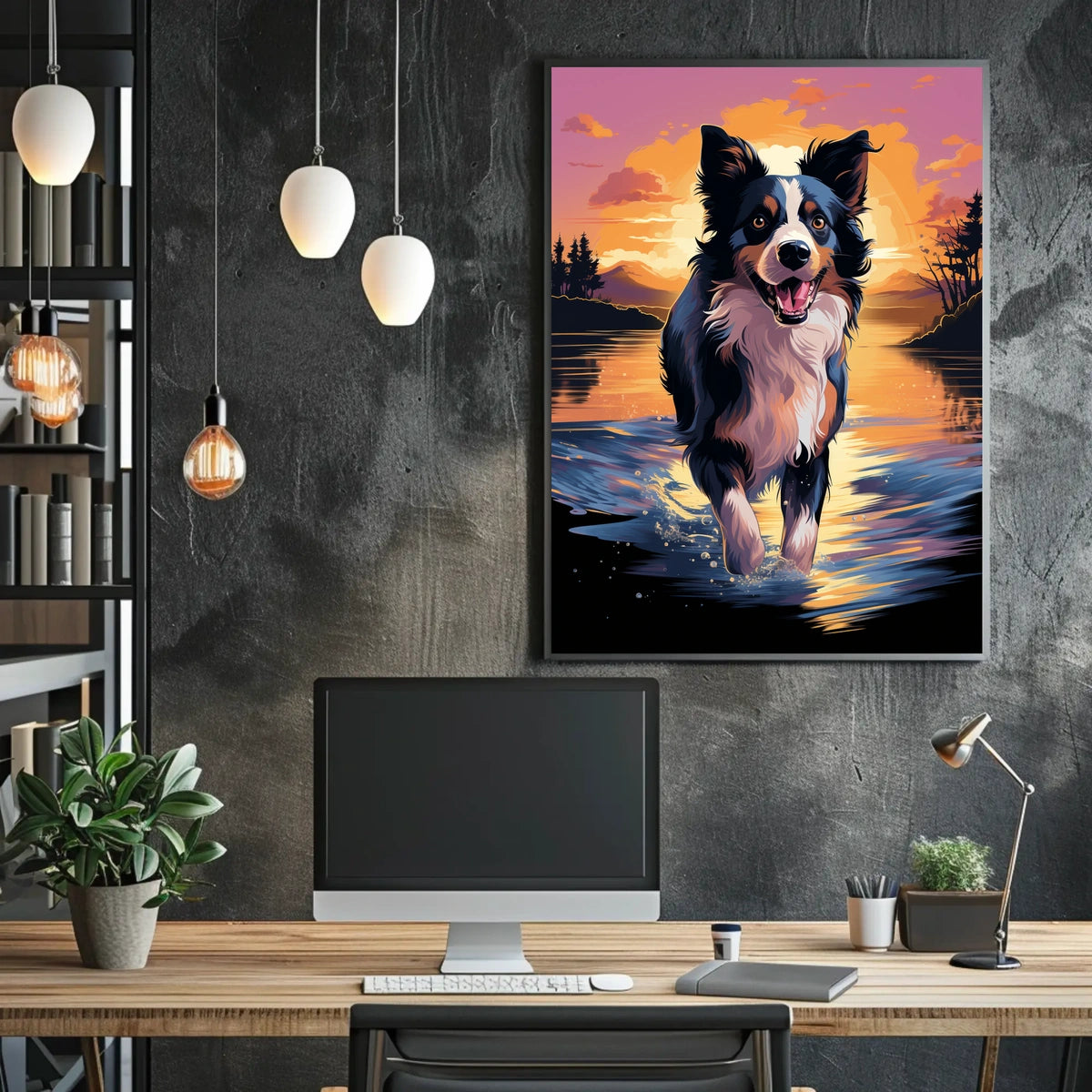 Cheerful Dog at Sunset Landscape Artistic Animal Poster