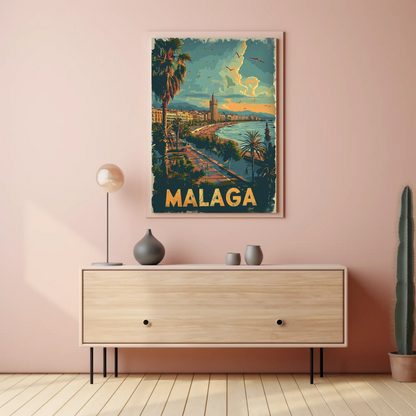 Malaga Sunset Beach Promenade Travel Poster