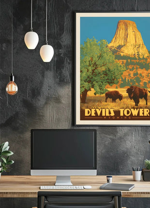 Devils Tower Wyoming Vintage Travel National Park Poster