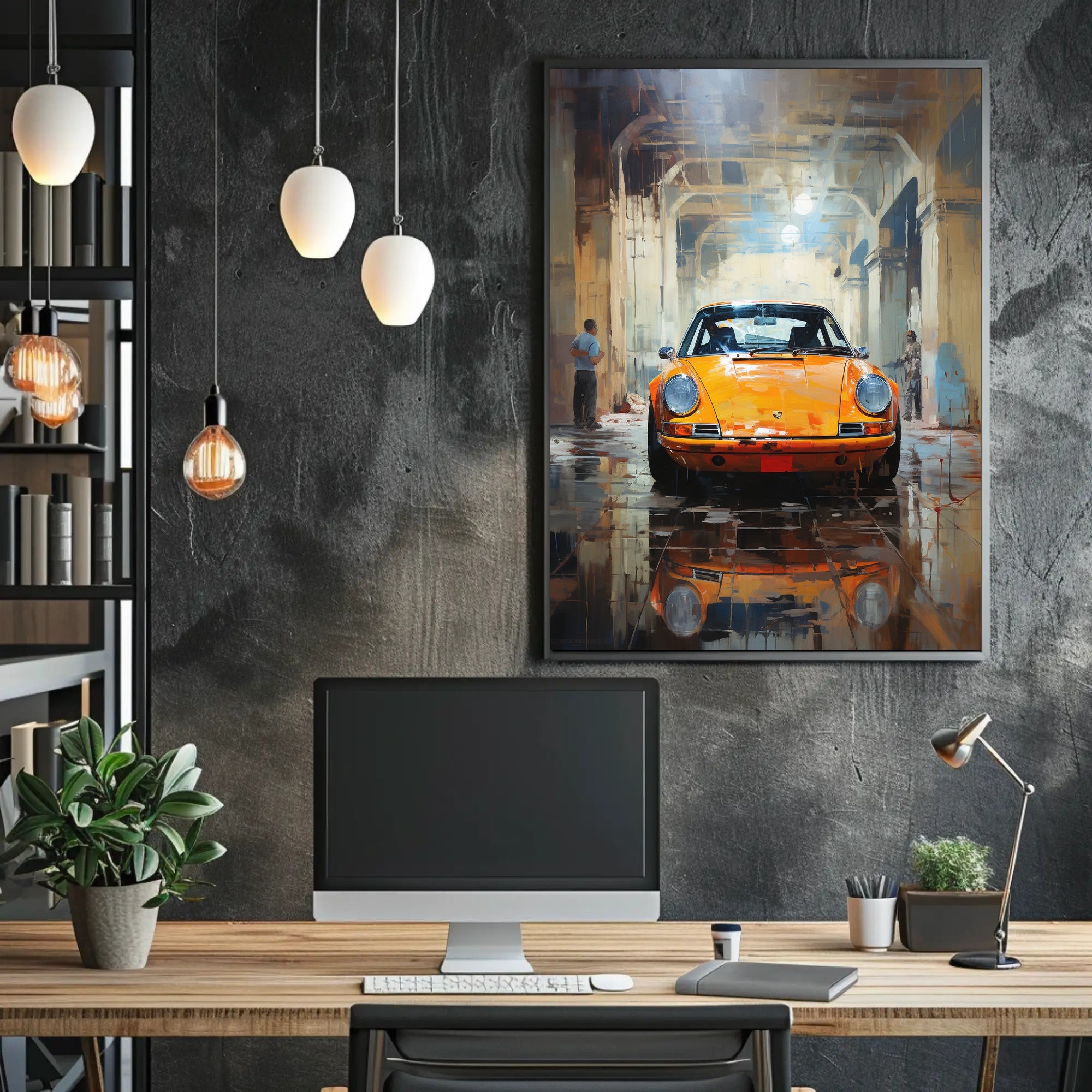 Yellow Sports Car Industrial Garage