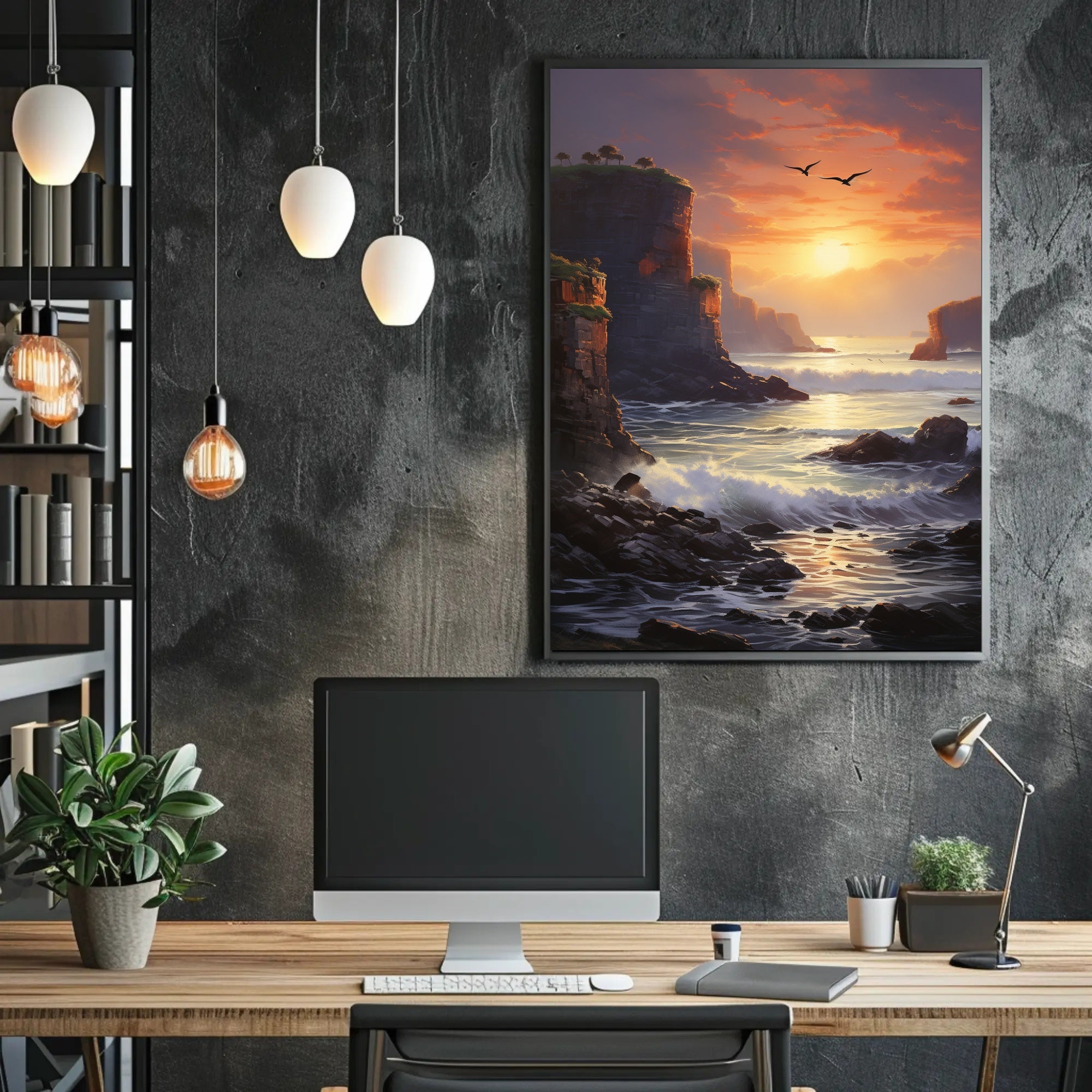 Dramatic Coastal Sunset Scenery Realistic Art National Park Poster