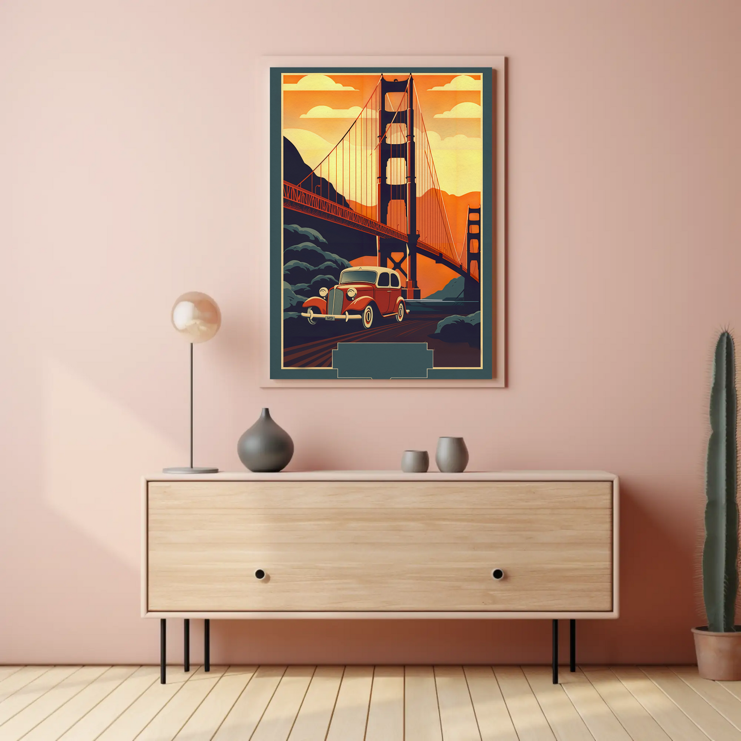 Golden Gate Bridge Vintage Car Drive Travel Poster