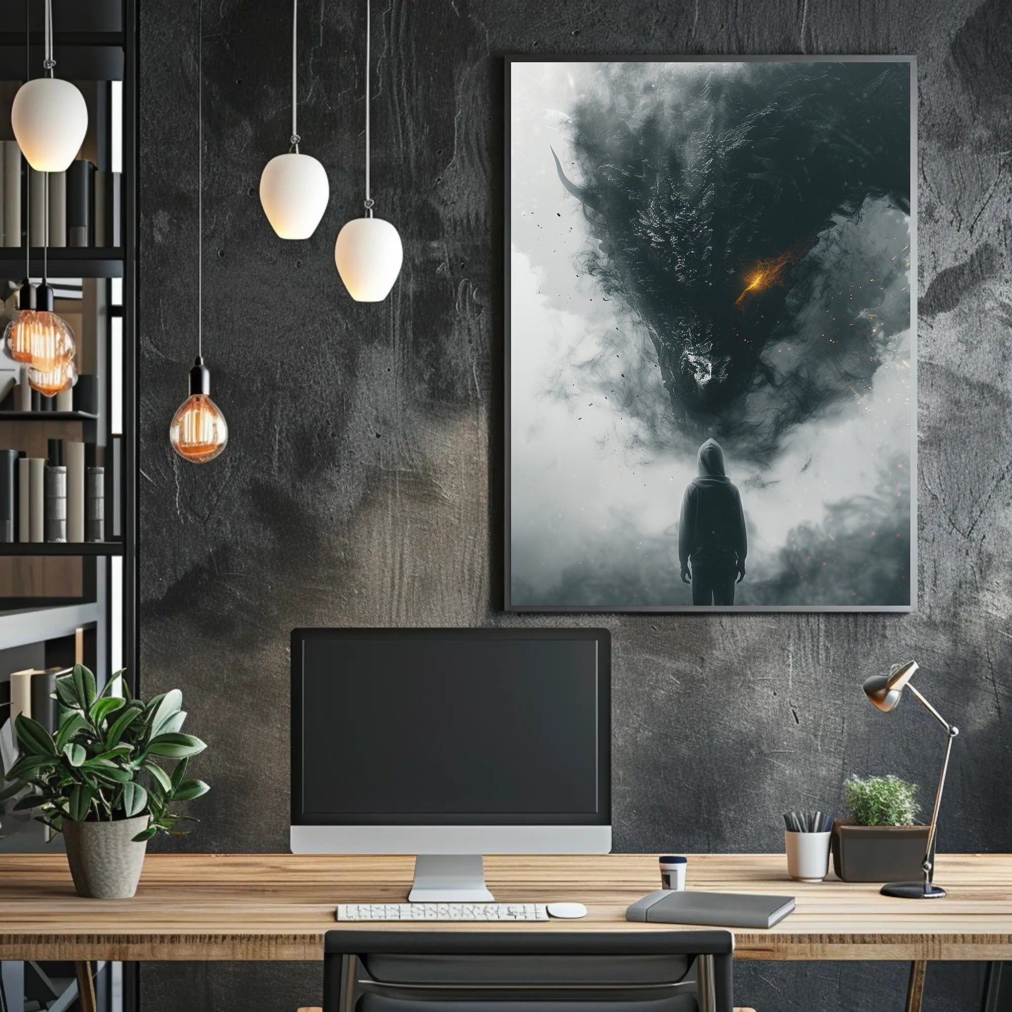 Dragon Confrontation: Dark Fantasy Art Poster PosterGoat