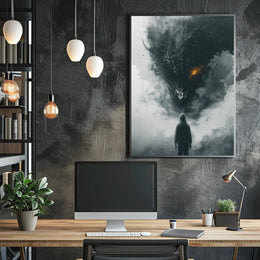 Dragon Confrontation: Dark Fantasy Art Poster PosterGoat