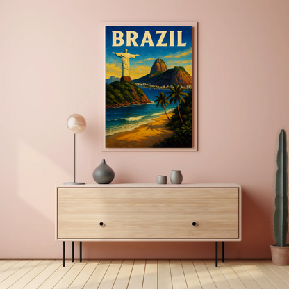 Brazil Rio De Janeiro Christ Statue Beach Travel Poster
