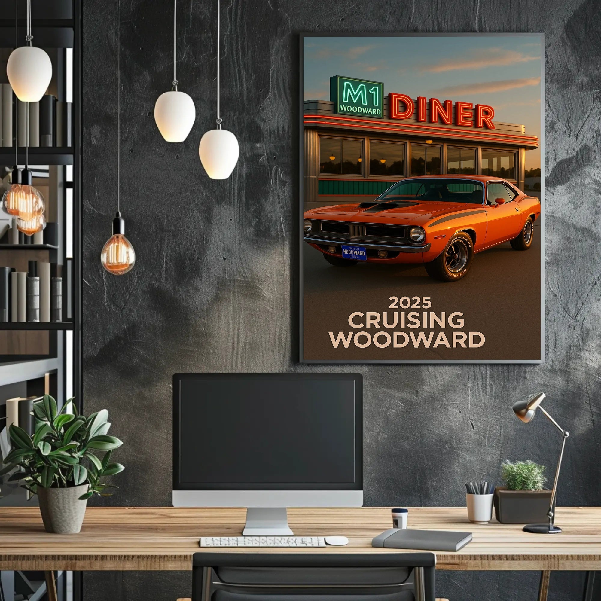 Classic Muscle Car and Diner Scene Retro Travel Poster