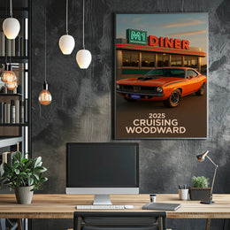 Classic Muscle Car and Diner Scene Retro Travel Poster