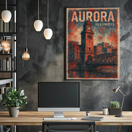 Aurora Illinois Cityscape Vintage Art Deco Skyline Heritage Wall Art Timeless Midwest Travelers Urban Vistas Poster