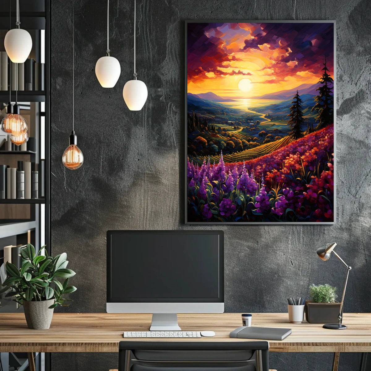 Vibrant Sunset Over Idyllic Countryside Landscape - Artistic Poster