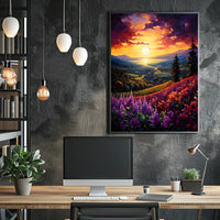 Vibrant Sunset Over Idyllic Countryside Landscape - Artistic Poster