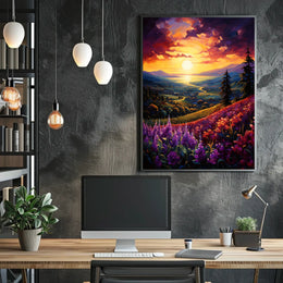 Vibrant Sunset Over Idyllic Countryside Landscape - Artistic Poster