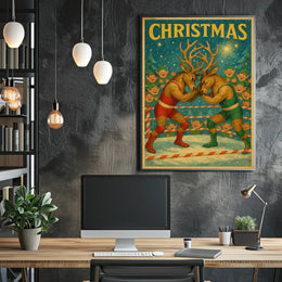 Whimsical Reindeer Wrestling Match: Christmas Pop Culture Poster