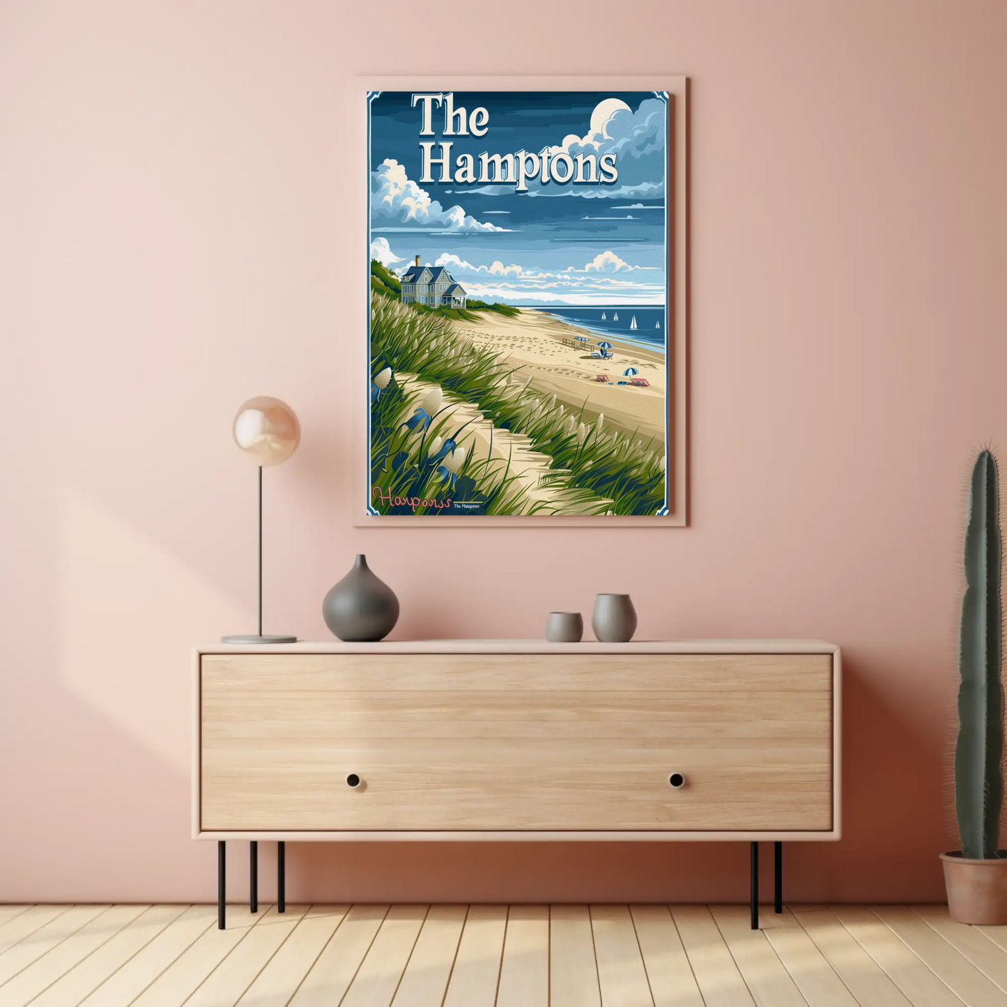 The Hamptons Beach Dunes House Umbrellas Travel Poster