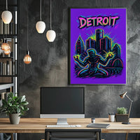 Dynamic Neon Detroit Art: Urban or Cityscape Poster
