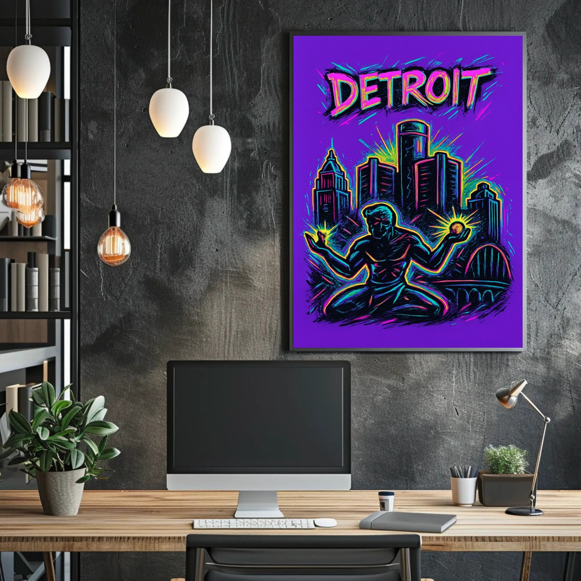Dynamic Neon Detroit Art: Urban or Cityscape Poster