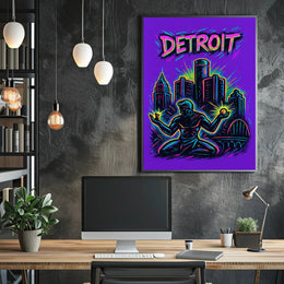 Dynamic Neon Detroit Art: Urban or Cityscape Poster