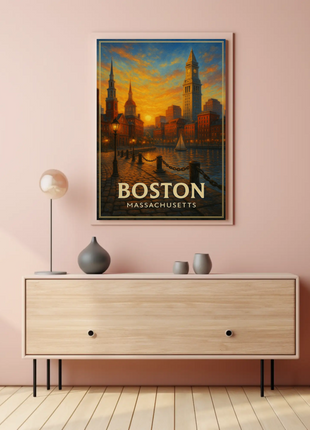 Boston Massachusetts Cobblestone Harbor Sunset Travel Poster