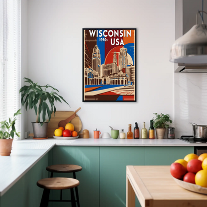 Wisconsin USA 1950s Urban Skyline Vintage Travel Poster