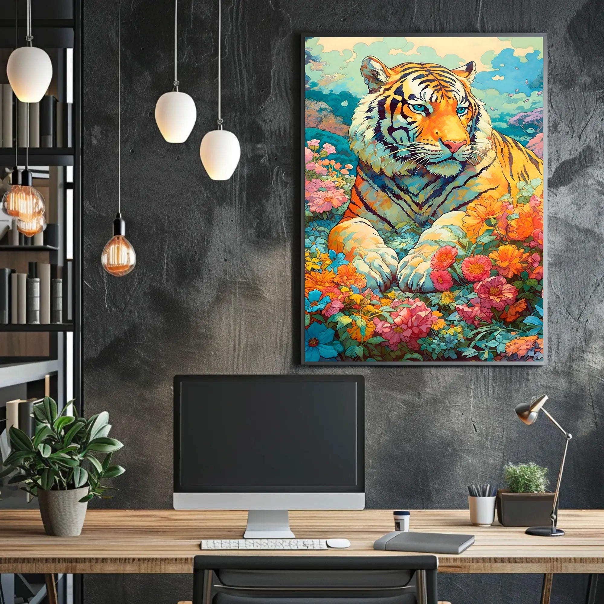 Majestic Tiger in Lush Garden Animal Poster