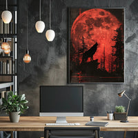 Wolf Howling Under Red Moon Fantasy Poster PosterGoat