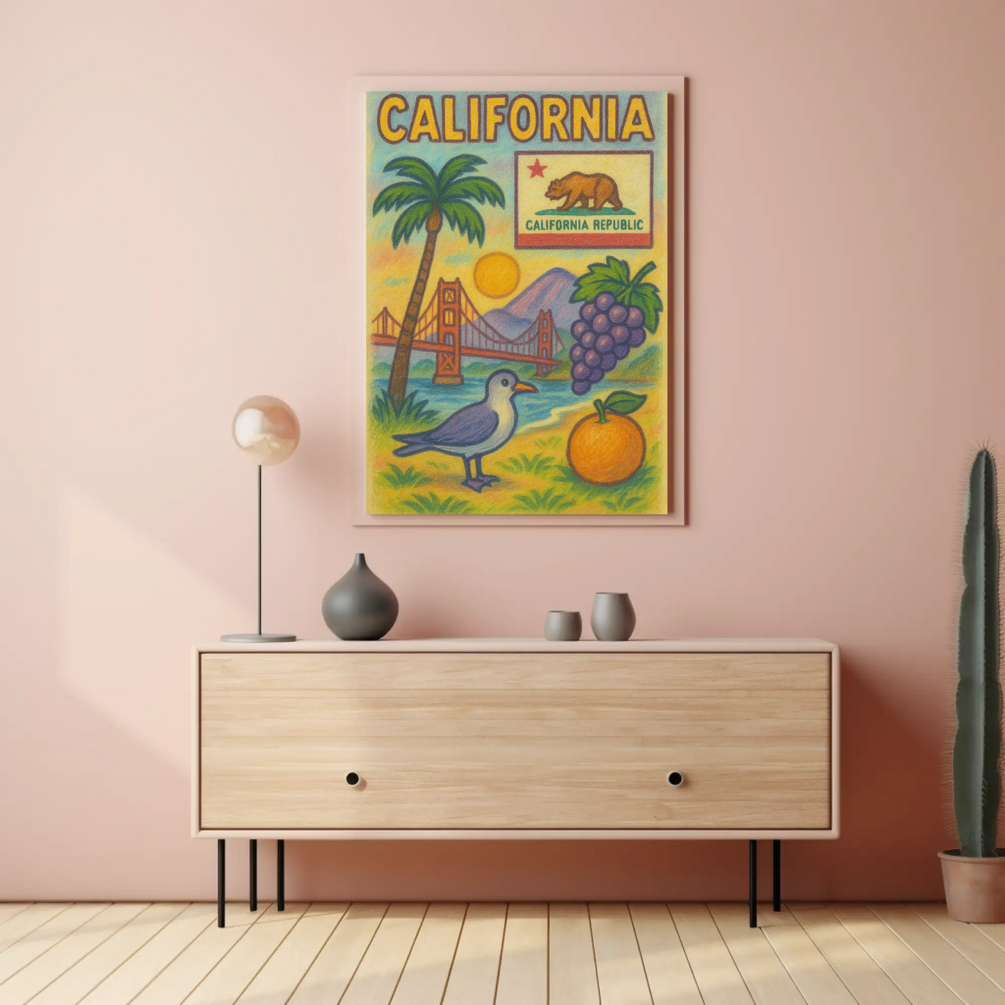 California Golden Gate Grapes Seagull Travel Poster