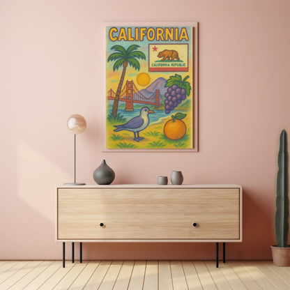California Golden Gate Grapes Seagull Travel Poster