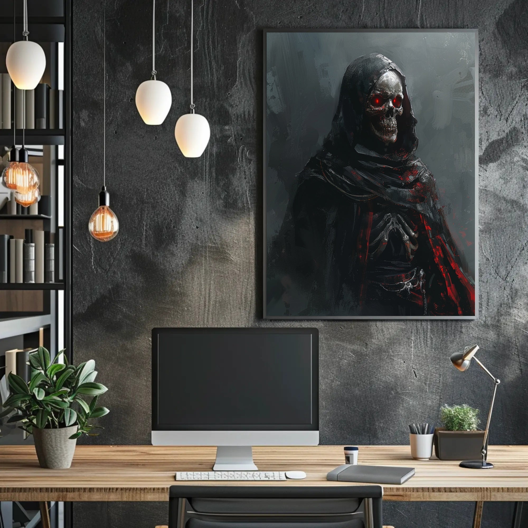 Dark Gothic Skeleton Poster with Red Eyes PosterGoat