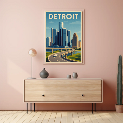 Detroit Highway View Modern Skyline Travel Poster