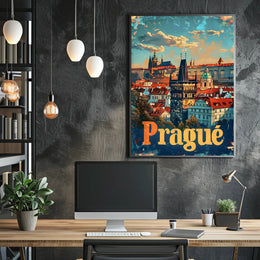 Prague Skyline Art Deco Travel Poster