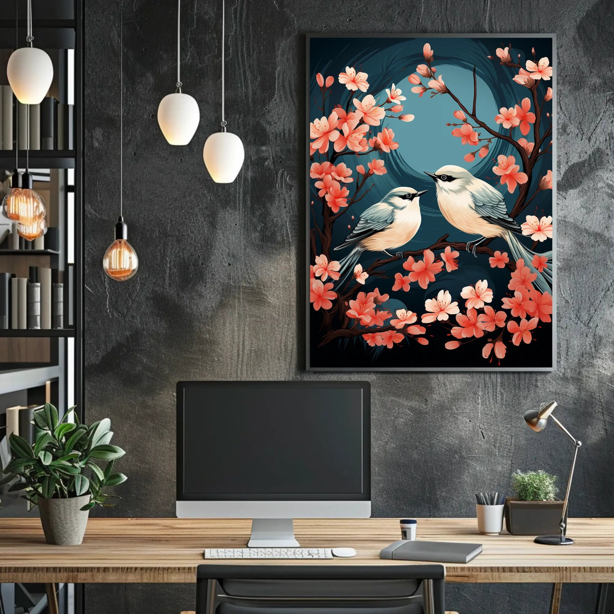 Serene Cherry Blossom Birds Art Poster Decor