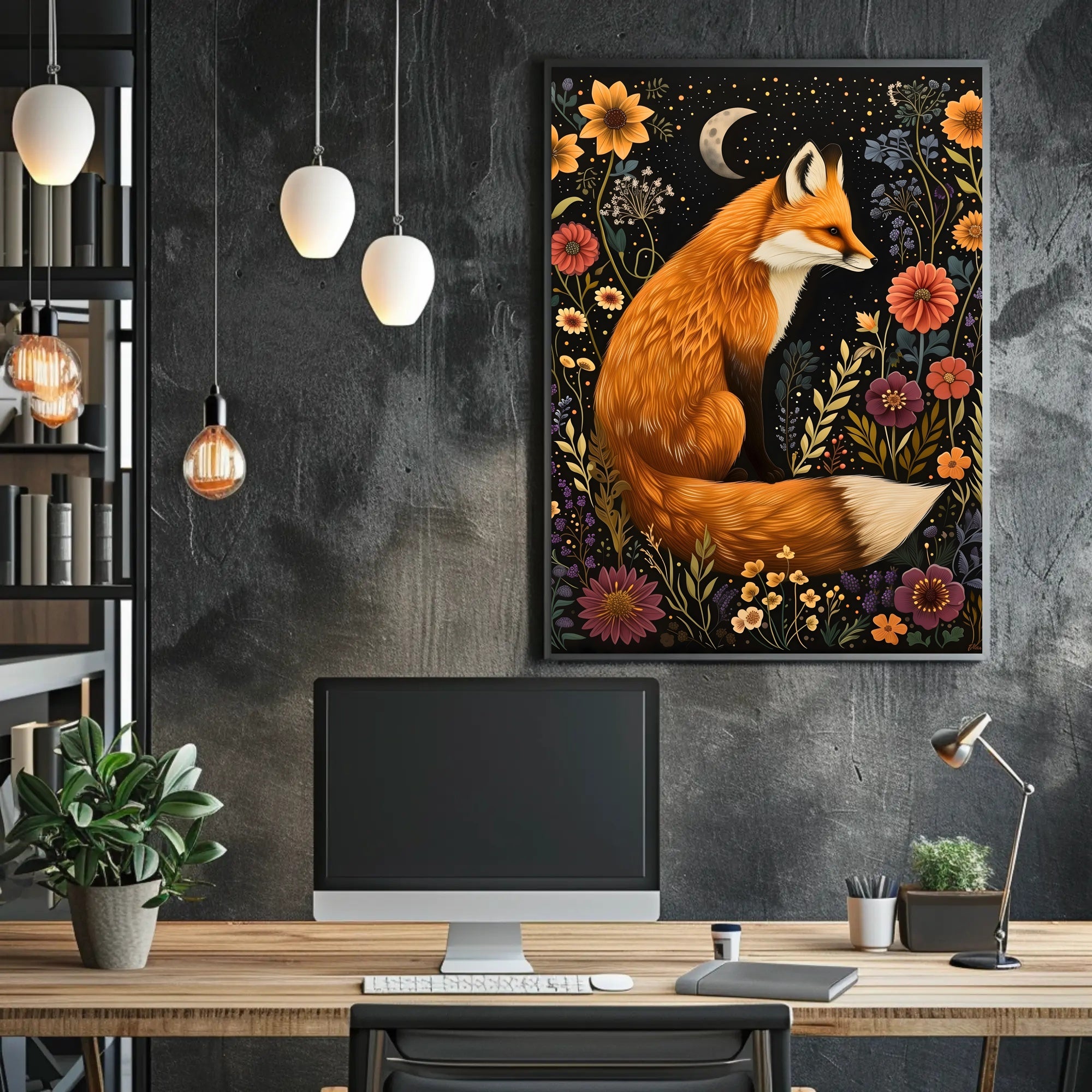 Whimsical Fox and Flora: Artistic Animal Poster