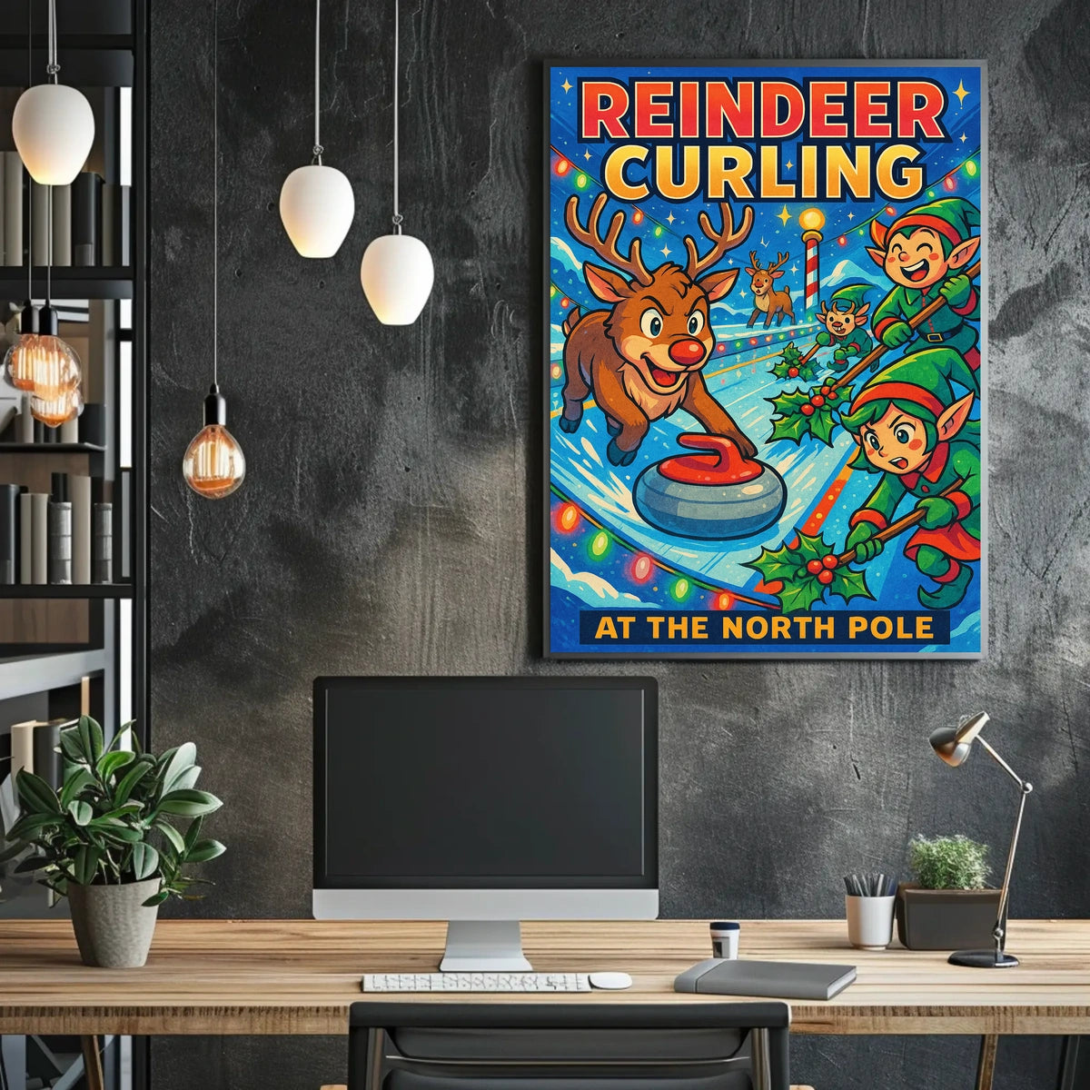 Reindeer Curling at the North Pole Poster