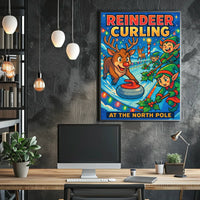Reindeer Curling at the North Pole Poster