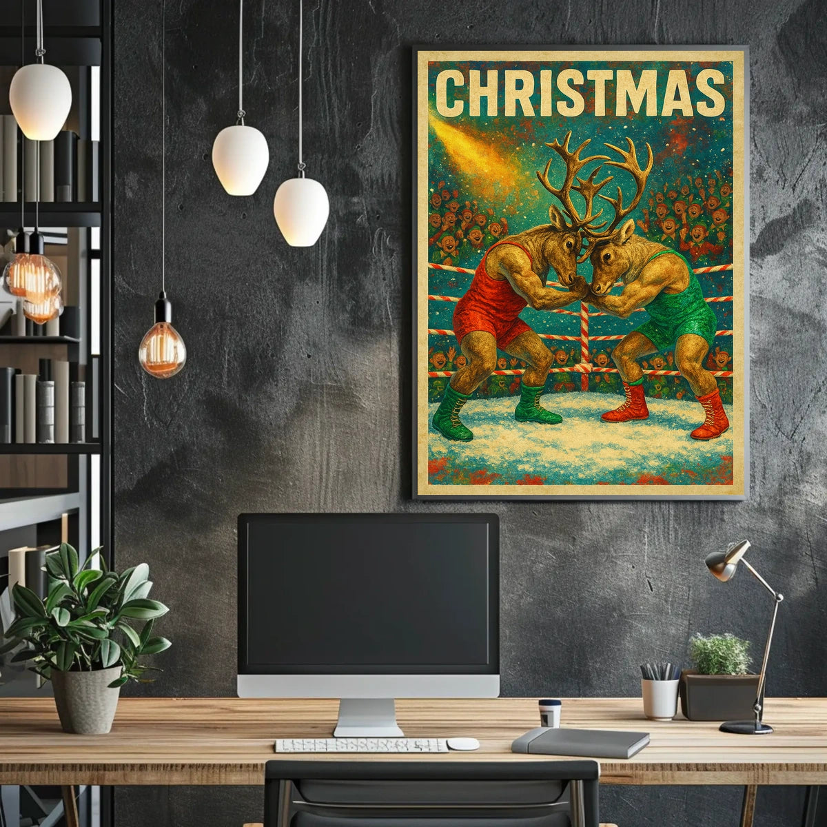 Whimsical Reindeer Wrestling Christmas Fantasy or Mythology Poster