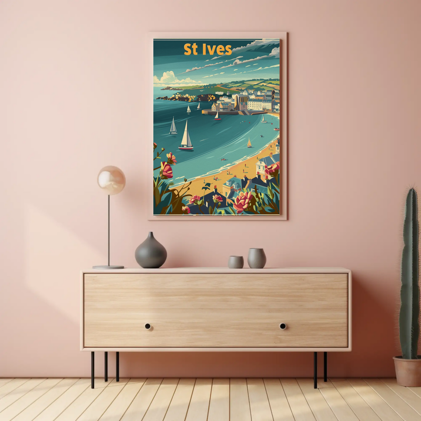 St Ives Cornwall Coastline Sailboats Flowers Travel Poster
