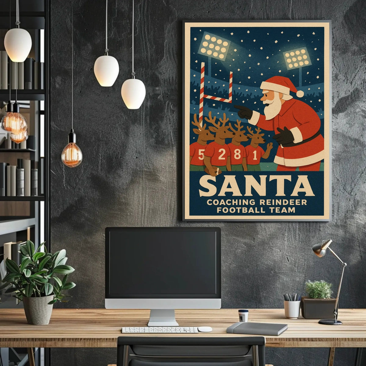 Santa Coaches Reindeer in Vintage Football Scene