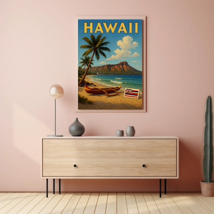 Hawaii Diamond Head Canoe Beach Flag Poster