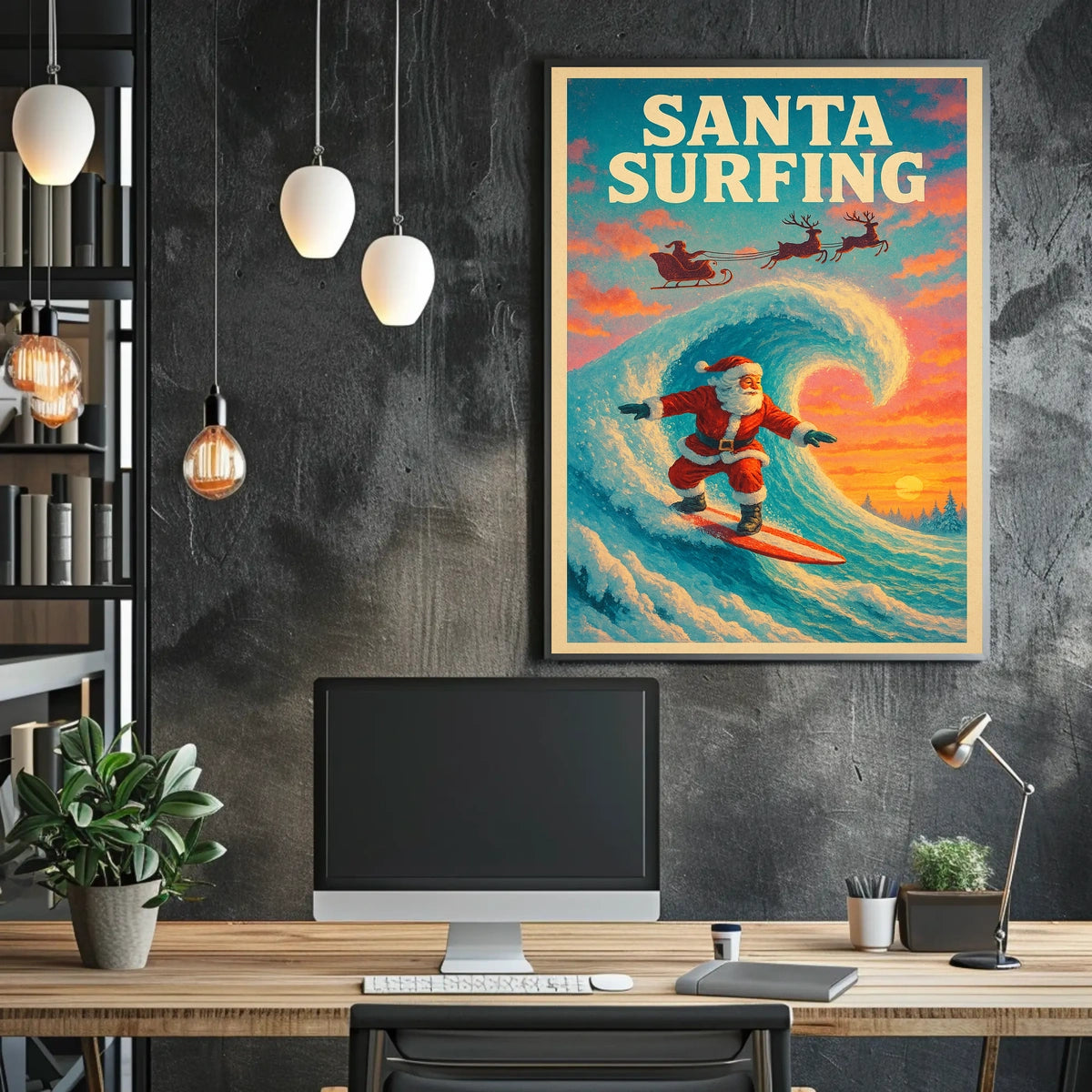 Santa Surfing Christmas Wave Vintage Poster Art