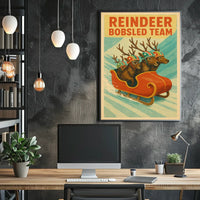 Whimsical Reindeer Sledding Vintage Sports Poster
