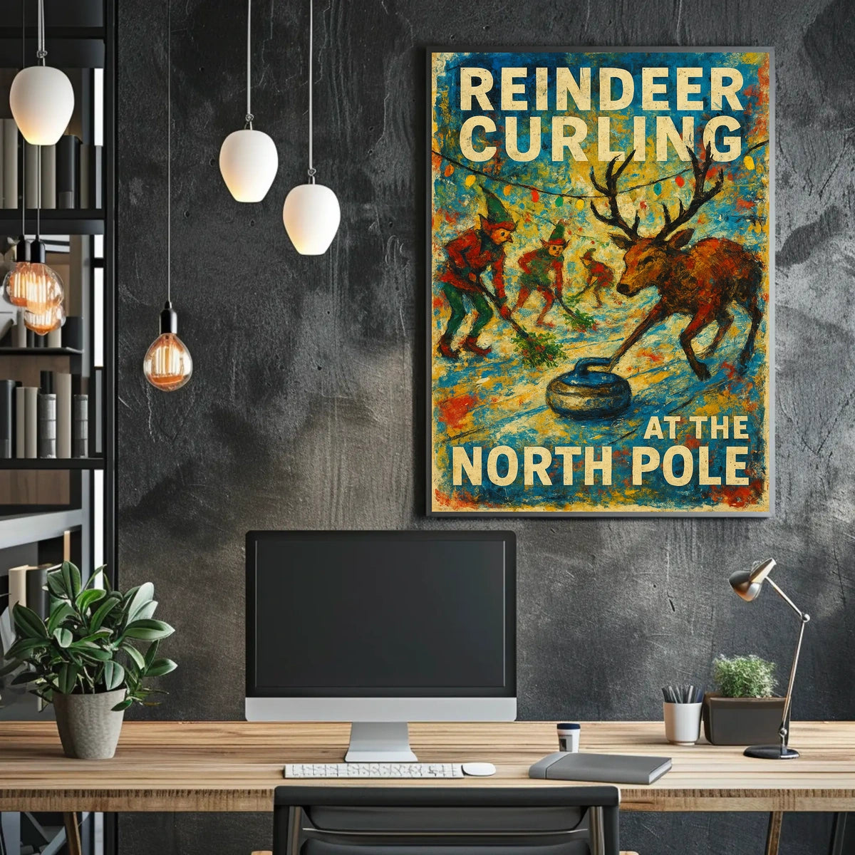 Reindeer Curling at the North Pole Poster