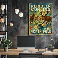Reindeer Curling at the North Pole Poster