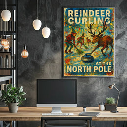 Reindeer Curling at the North Pole Poster