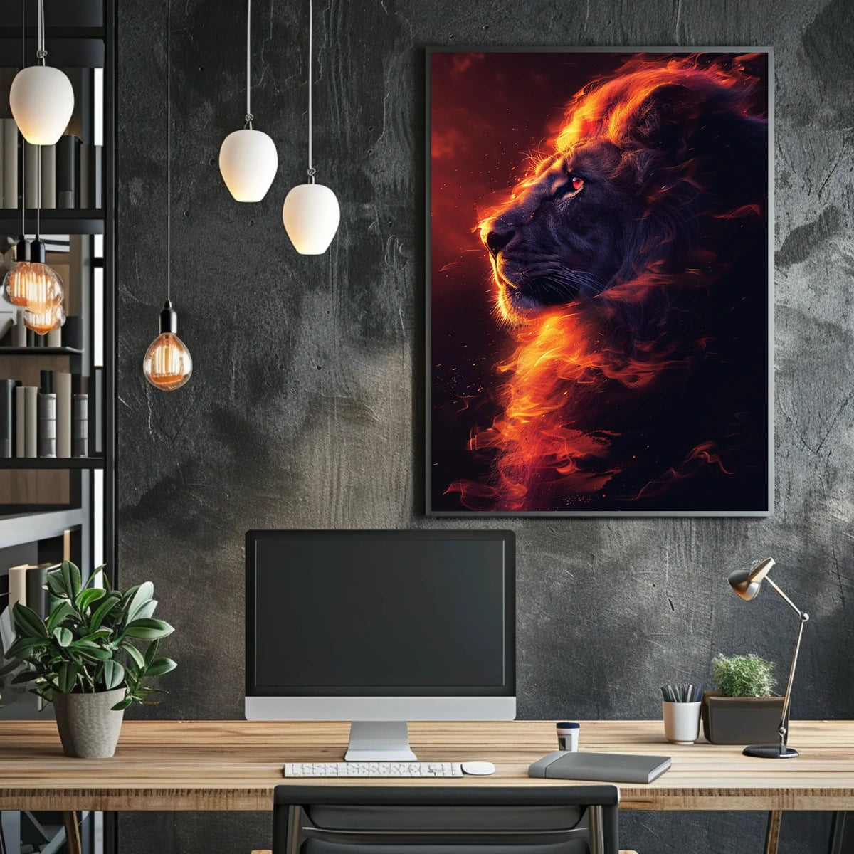 Majestic Lion Poster: Fiery Mane, Dark Background