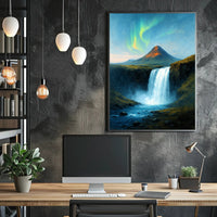 Majestic Northern Lights Over Waterfall Poster